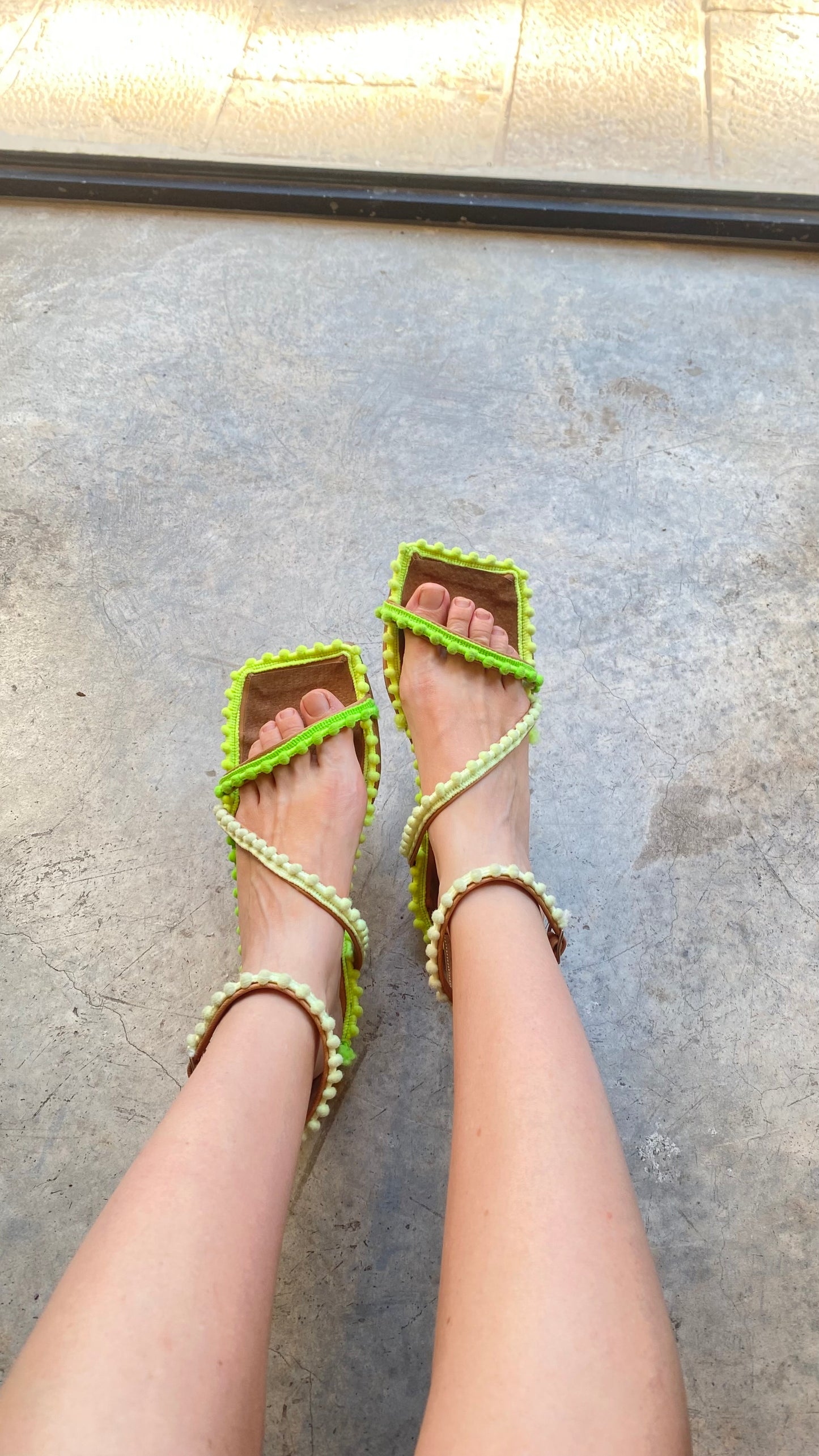 Green Pom Pom Square toe Sandals