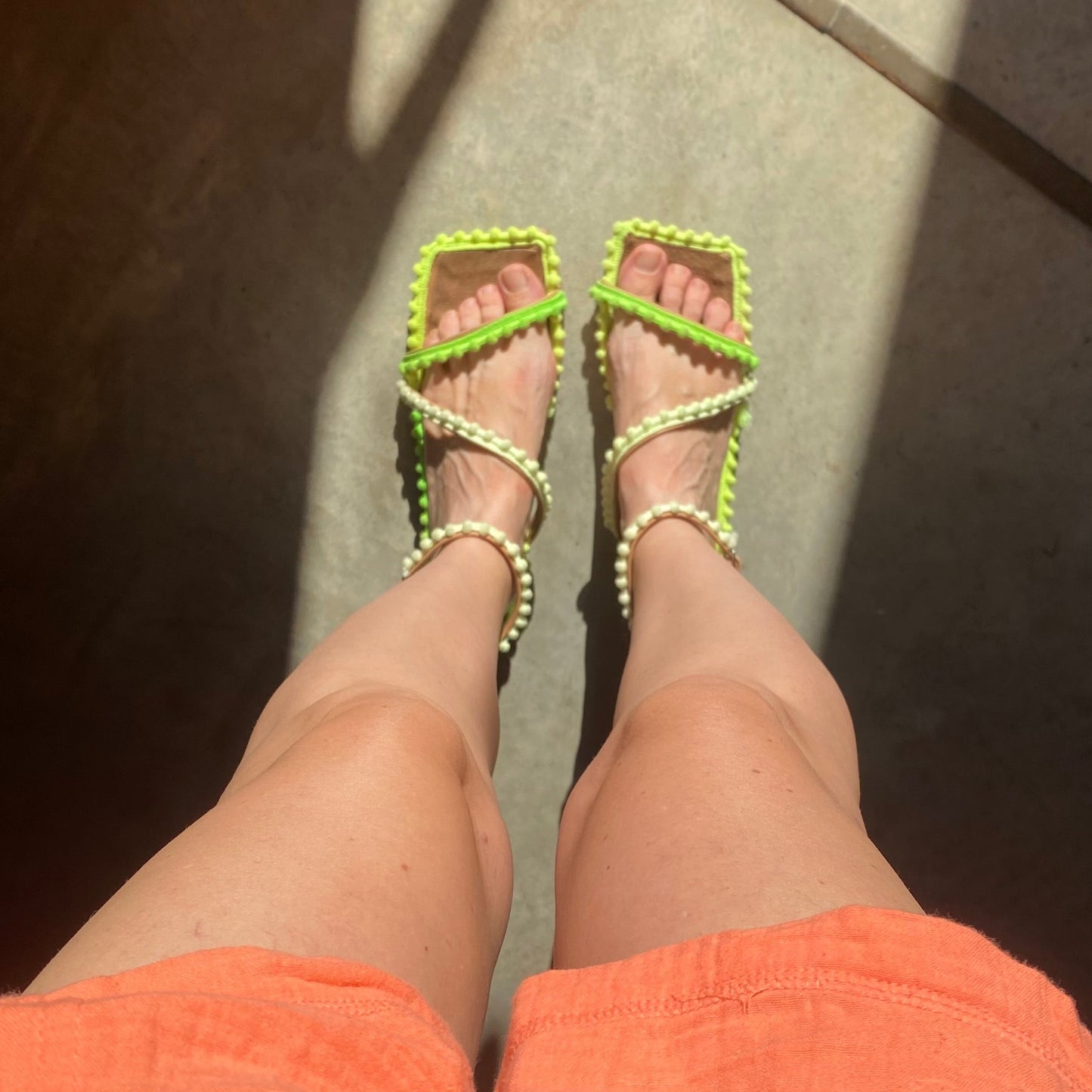 Green Pom Pom Square toe Sandals