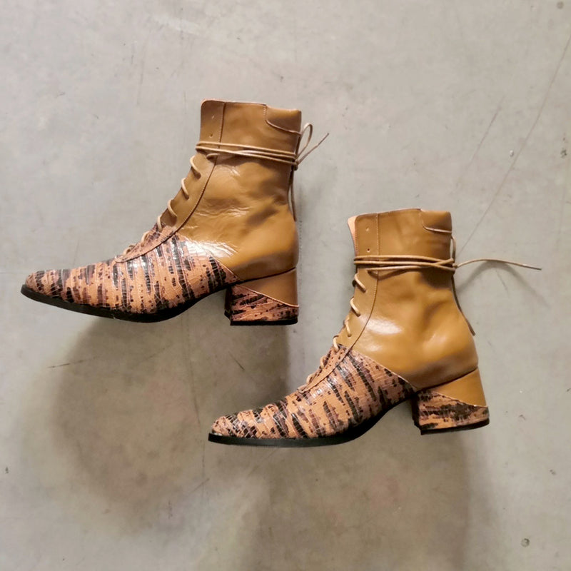 Printed Quartz-Brown Printed Leather Lace Up Ankle Boots