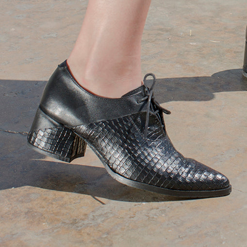 Tamarix- Snake Skin Heeled Oxfords, Black Shoes