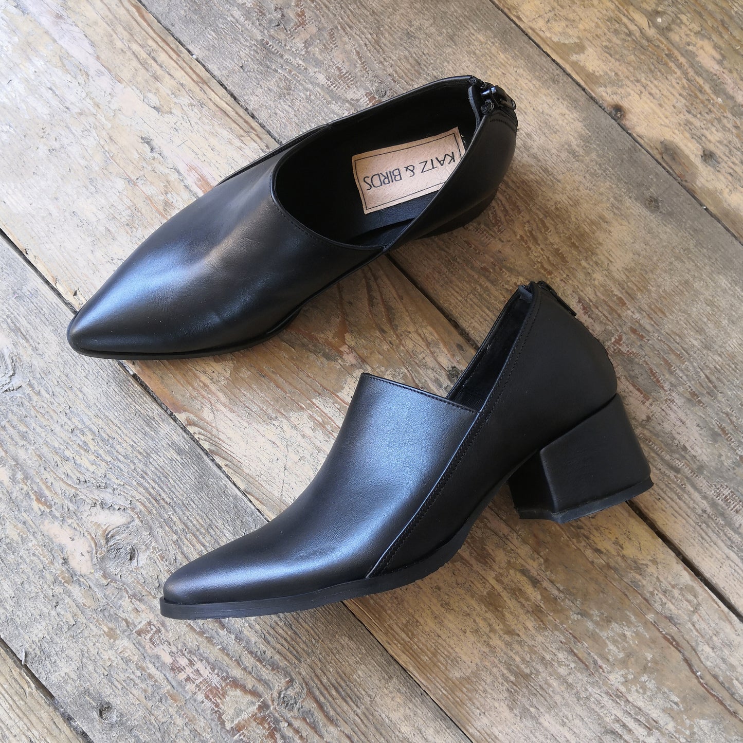 Envelope- Black Leather Heel Shoe