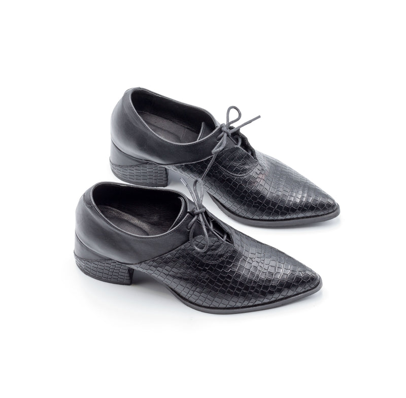 Tamarix- Snake Skin Heeled Oxfords, Black Shoes